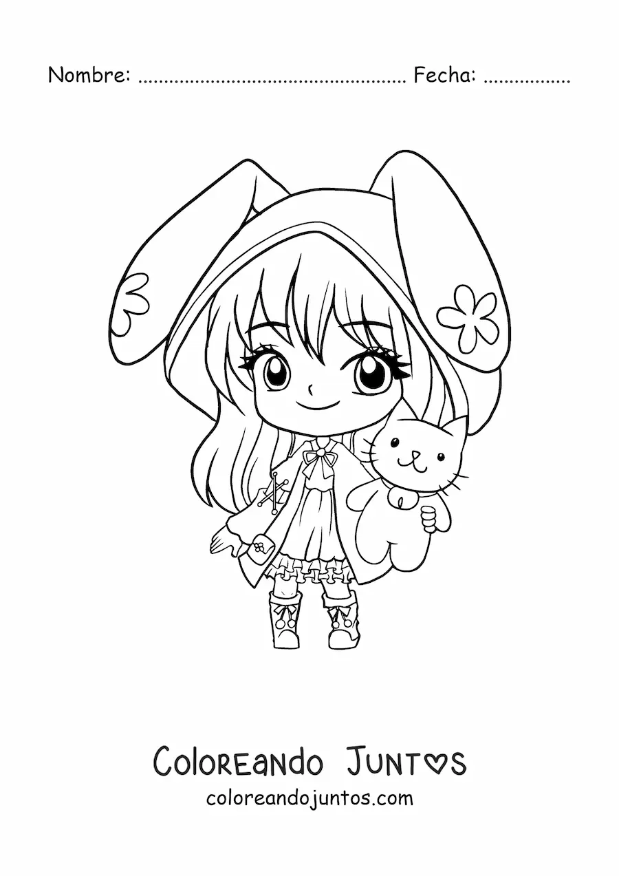 Imagen para colorear de chica kawaii chibi con orejas de conejo