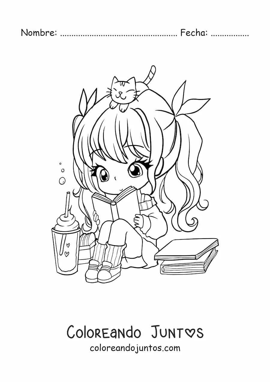 Imagen para colorear de chica kawaii chibi sentada leyendo un libro con un gato