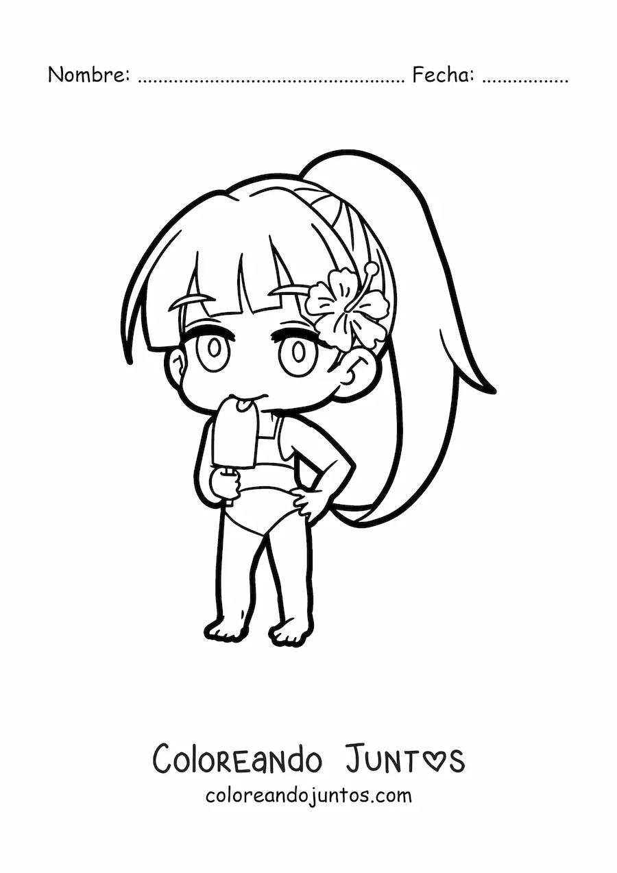 Imagen para colorear de chica kawaii chibi en bikini comiendo helado