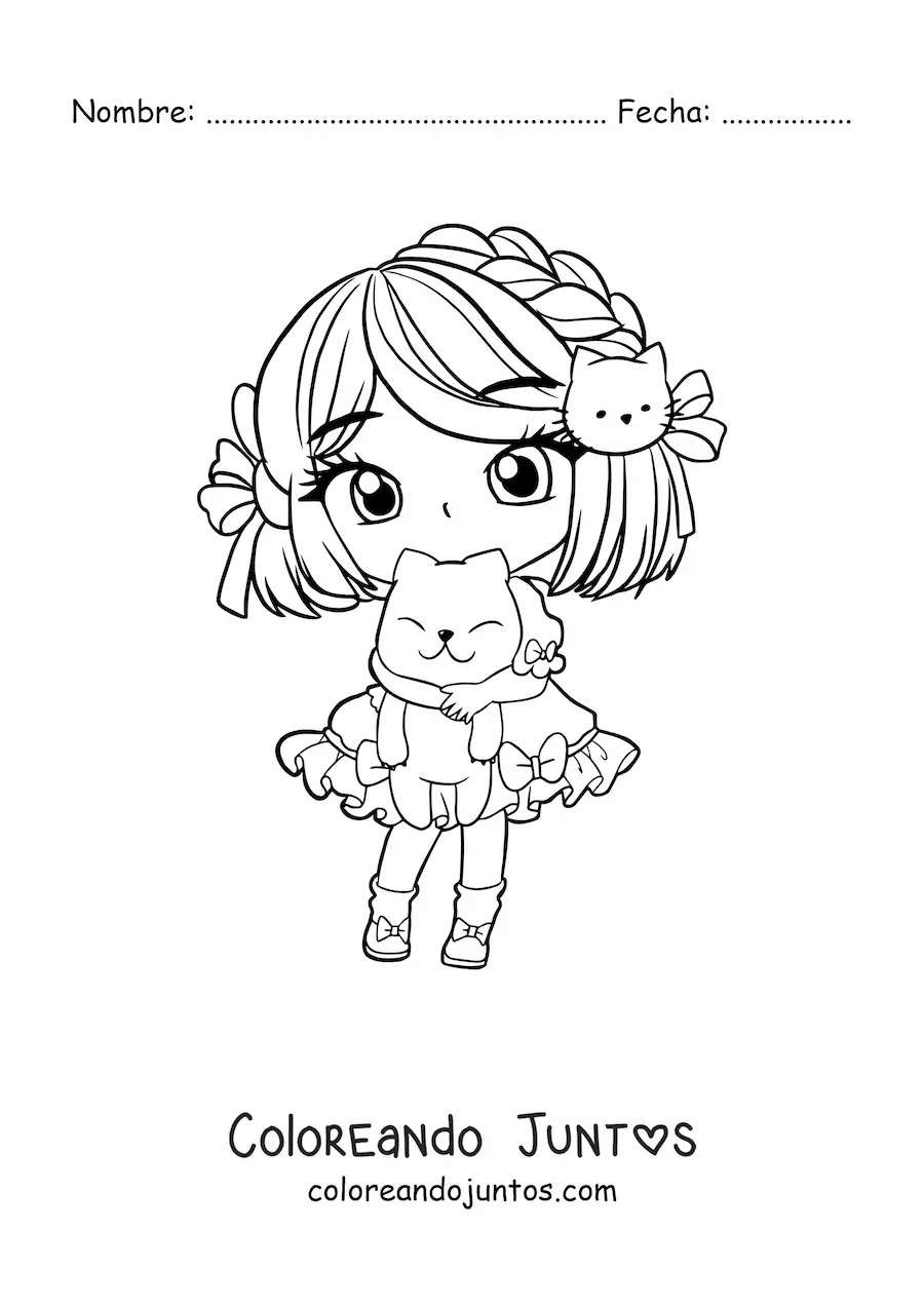 Imagen para colorear de chica kawaii chibi con un gato