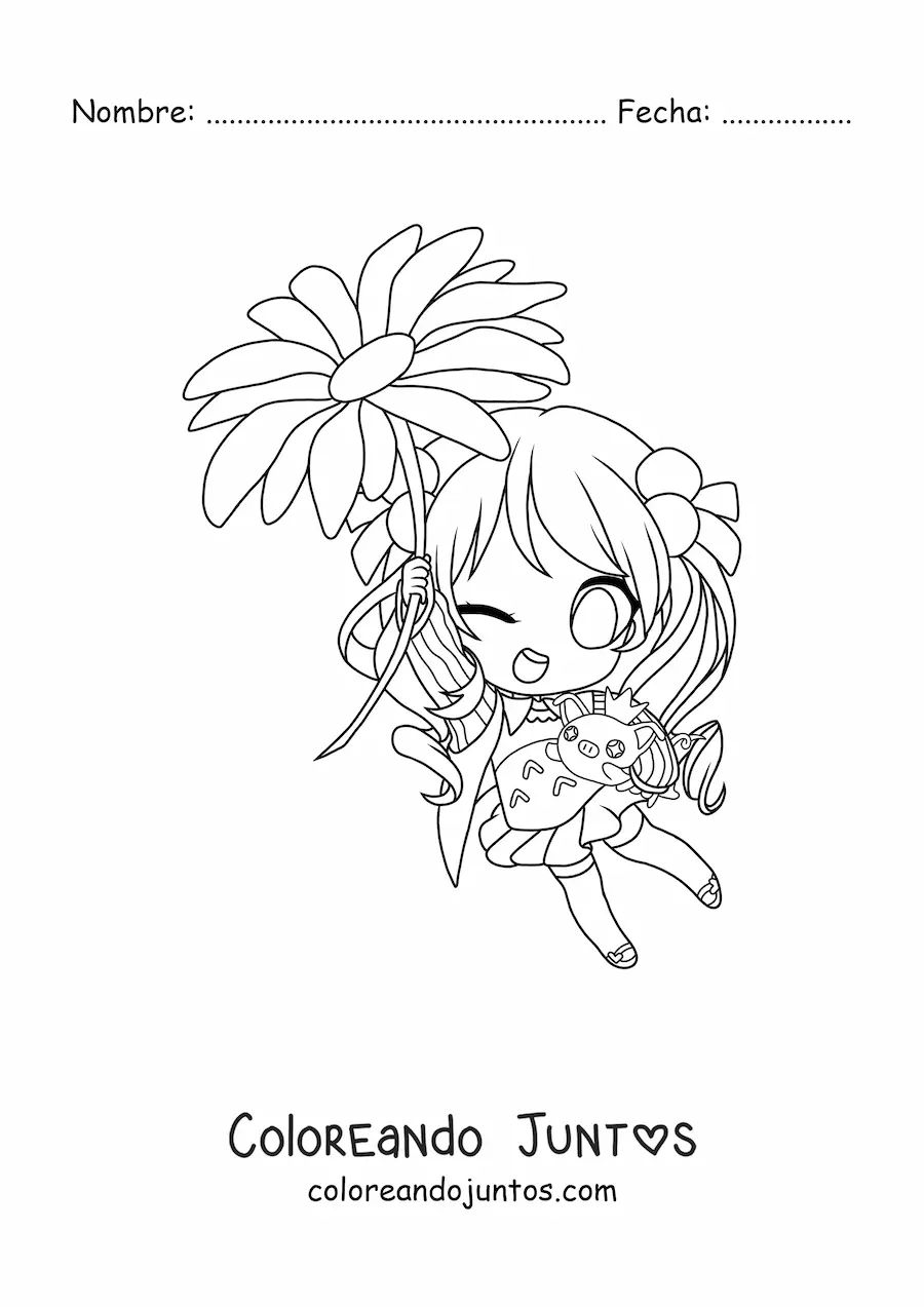 Imagen para colorear de pequeña chica kawaii chibi con una flor