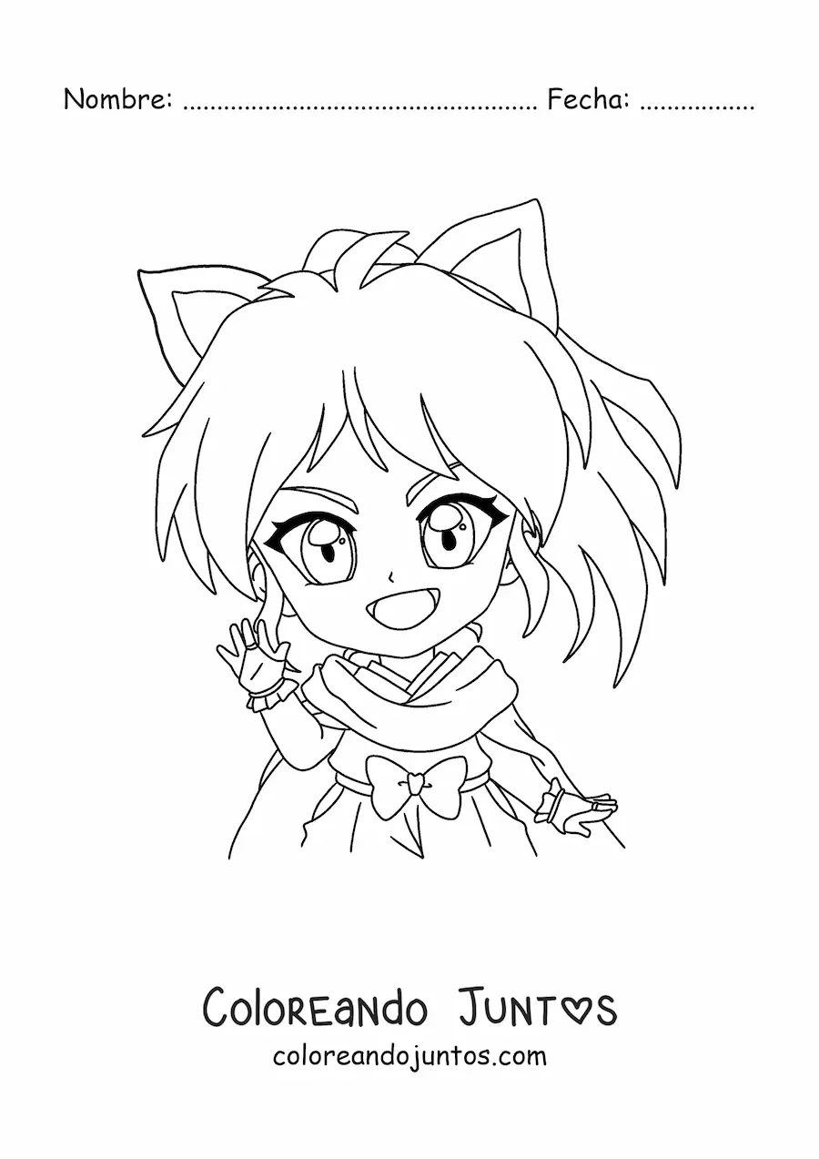 Imagen para colorear de chica chibi con orejas de gato y ojos grandes