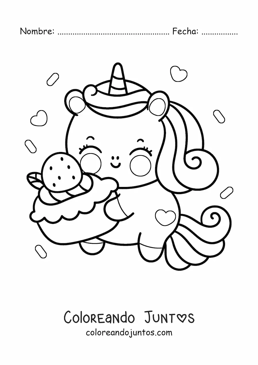 Imagen para colorear de unicornio kawaii animado con pastel de fresa