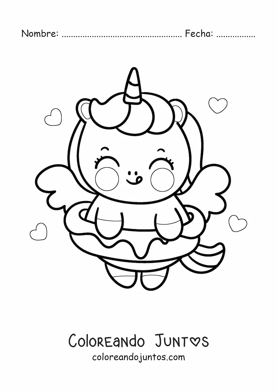 Imagen para colorear de unicornio kawaii animado con una dona