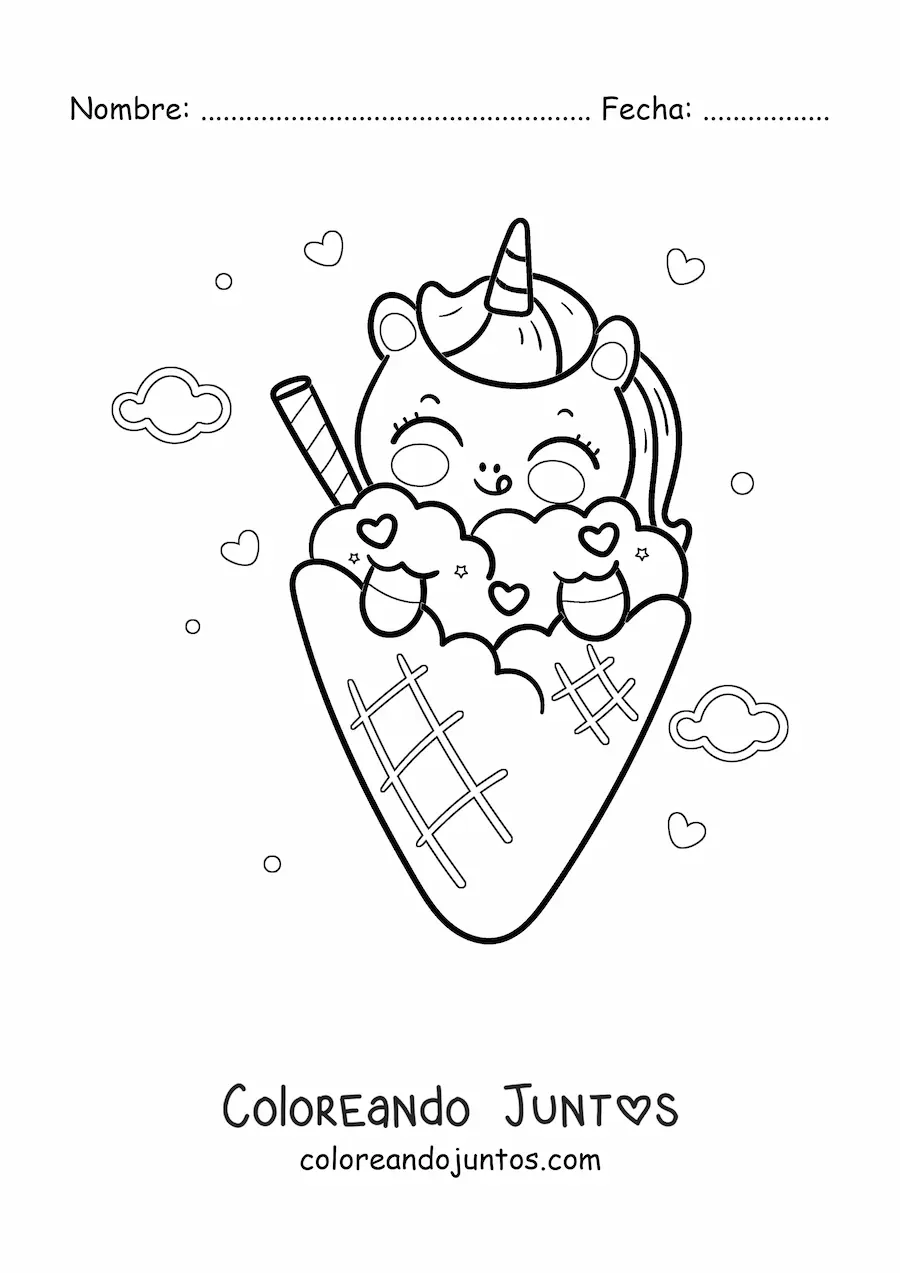 Imagen para colorear de unicornio kawaii animado con un cono de helado