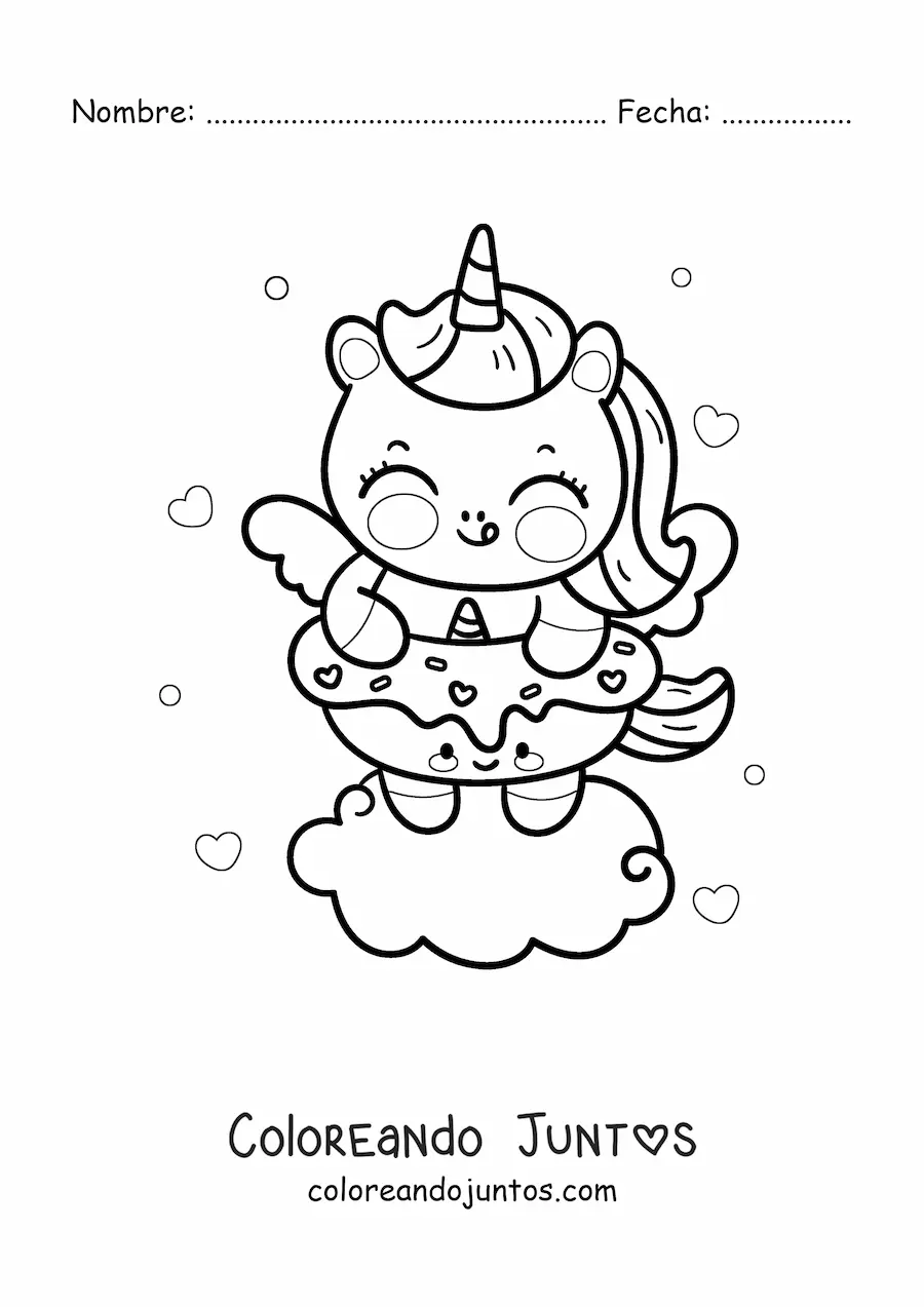 Imagen para colorear de unicornio kawaii con dona de unicornio