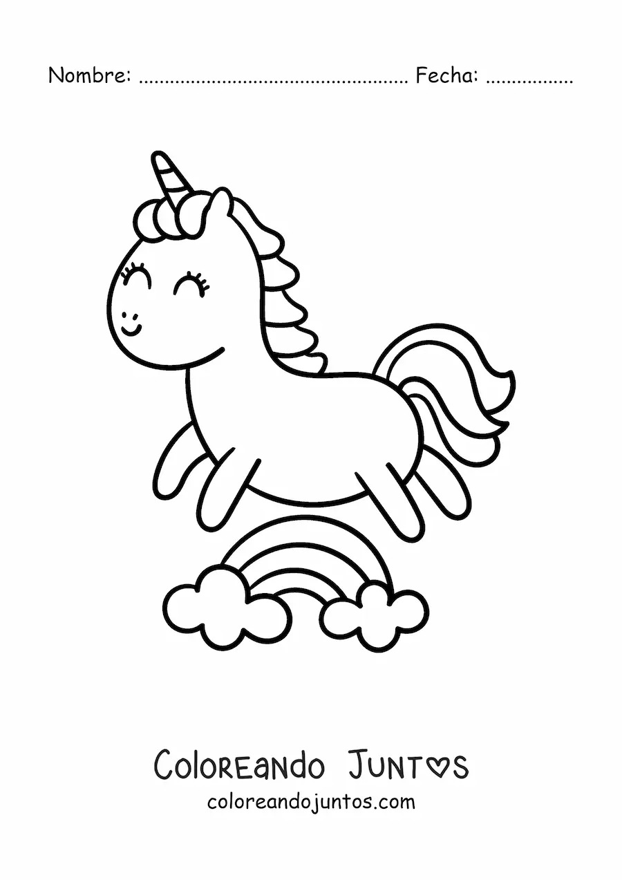 Imagen para colorear de unicornio kawaii animado saltando sobre un arcoíris