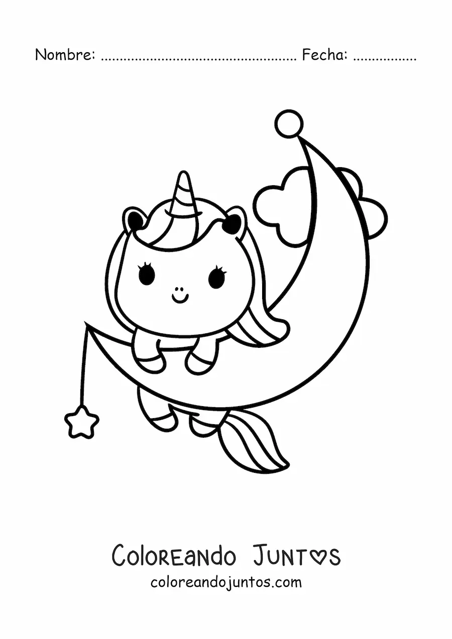 Imagen para colorear de unicornio kawaii animado en la luna