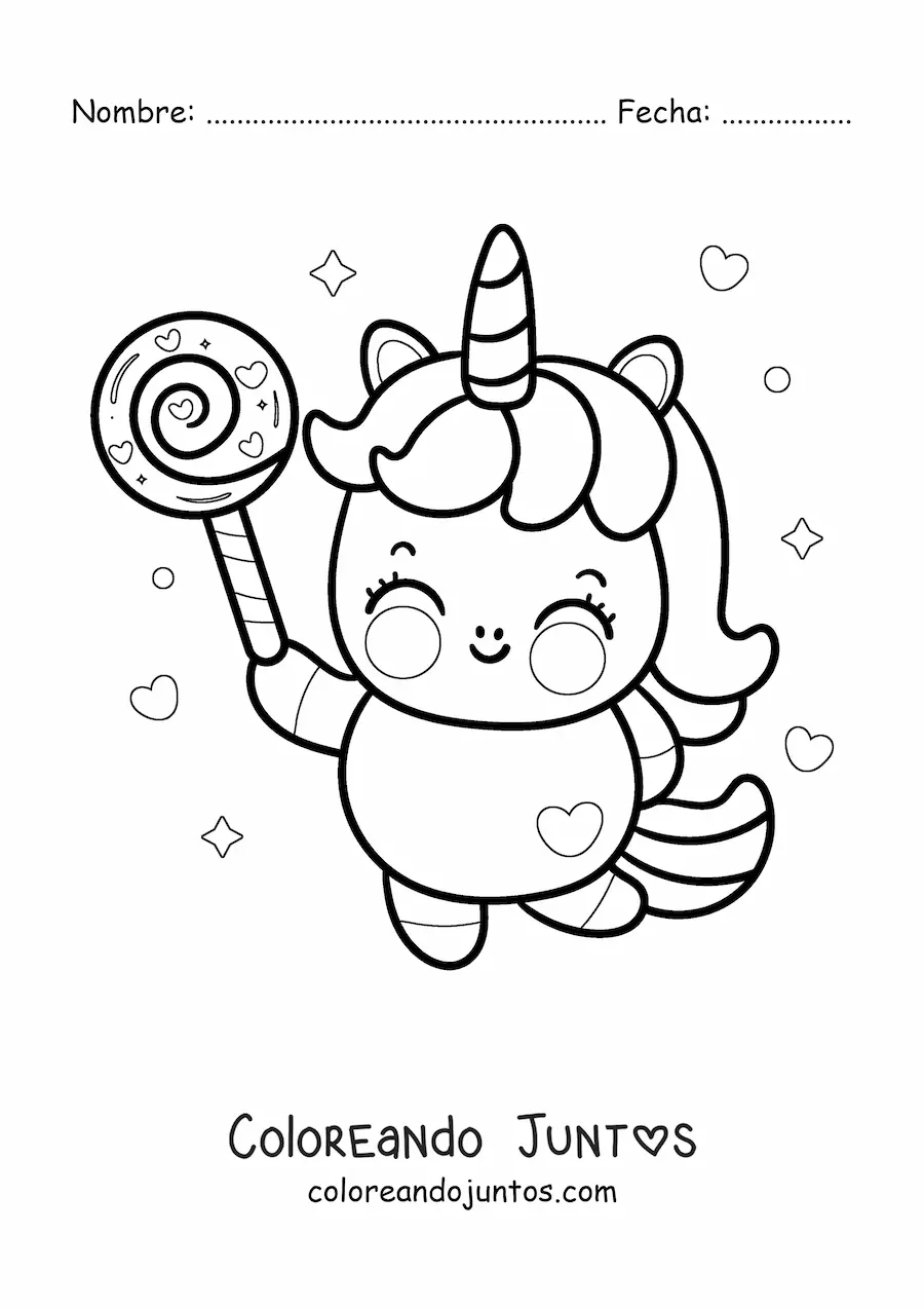 Imagen para colorear de unicornio kawaii animado con una chupeta