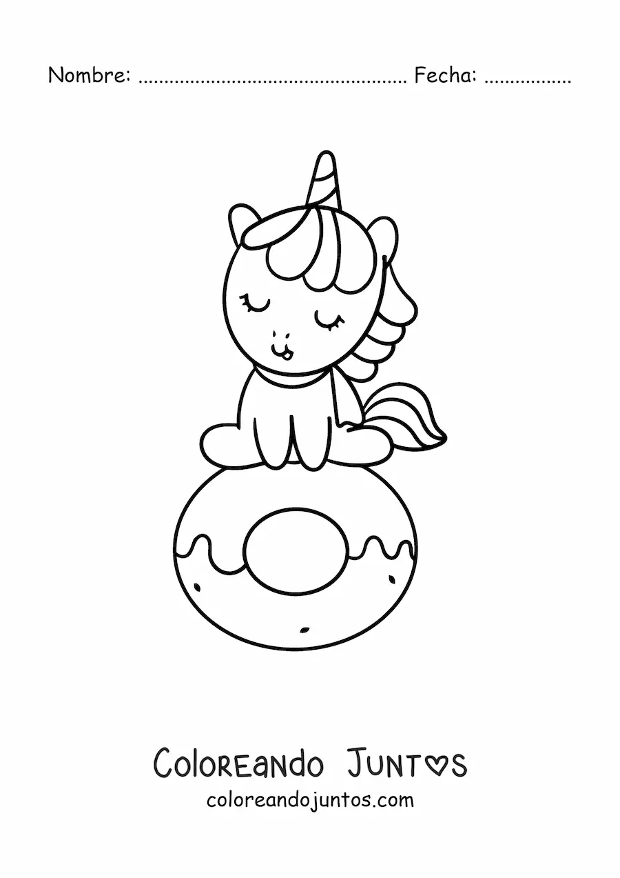 Imagen para colorear de unicornio kawaii animado sentado en una dona