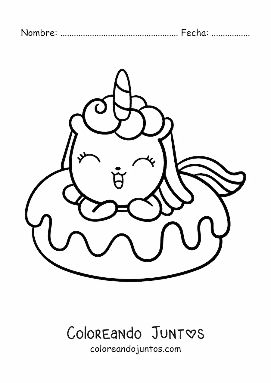 Imagen para colorear de unicornio tierno animado dentro de una dona gigante