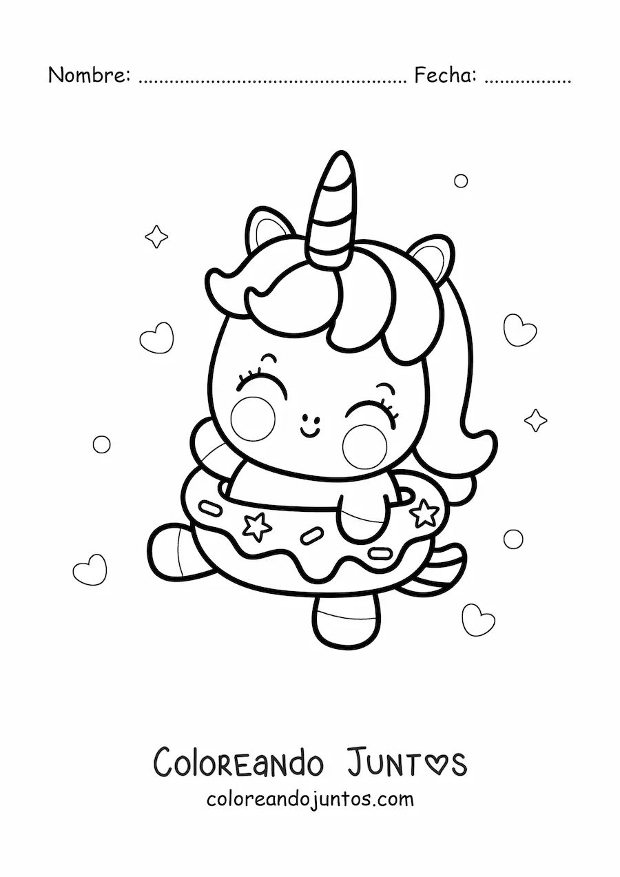 Imagen para colorear de unicornio tierno animado dentro de una dona