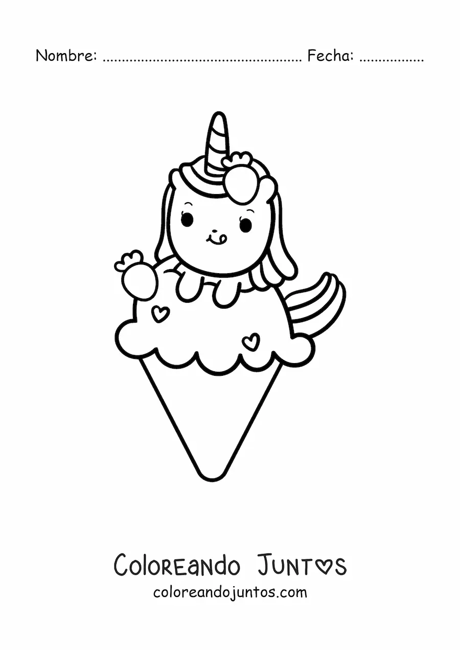 Imagen para colorear de unicornio tierno animado sobre un helado gigante