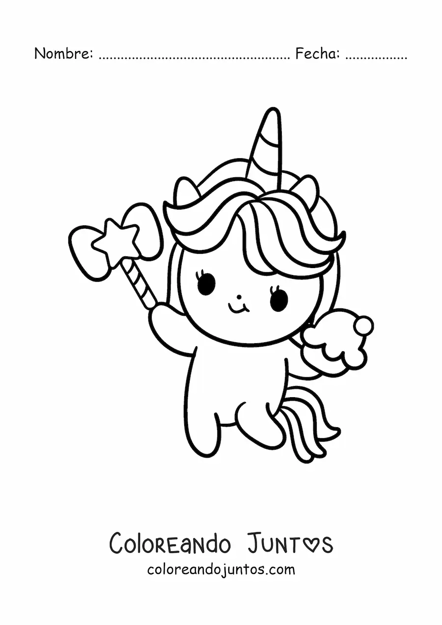 Imagen para colorear de unicornio tierno animado con un cupcake y una varita