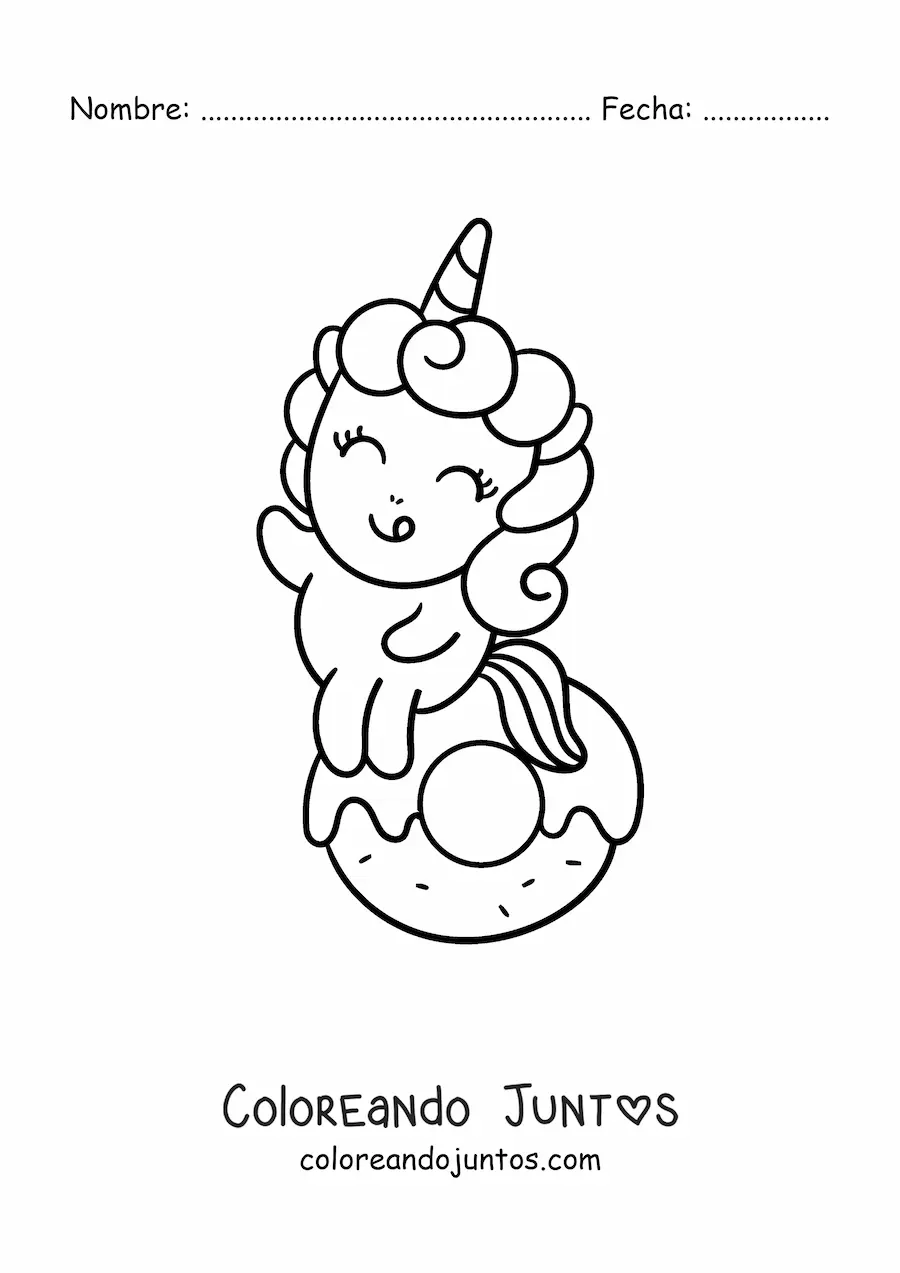 Imagen para colorear de unicornio tierno animado en una dona grande