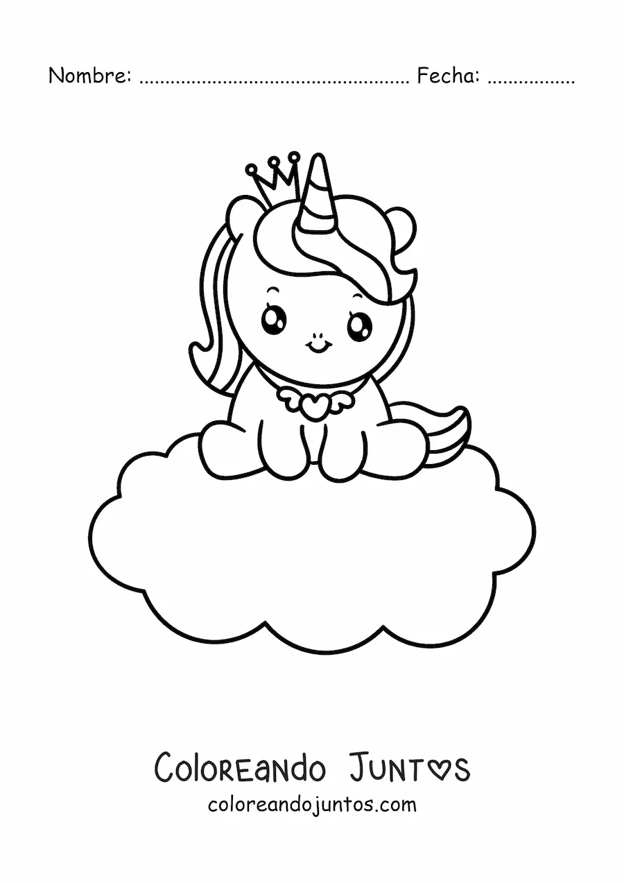 Imagen para colorear de princesa unicornio en una nube