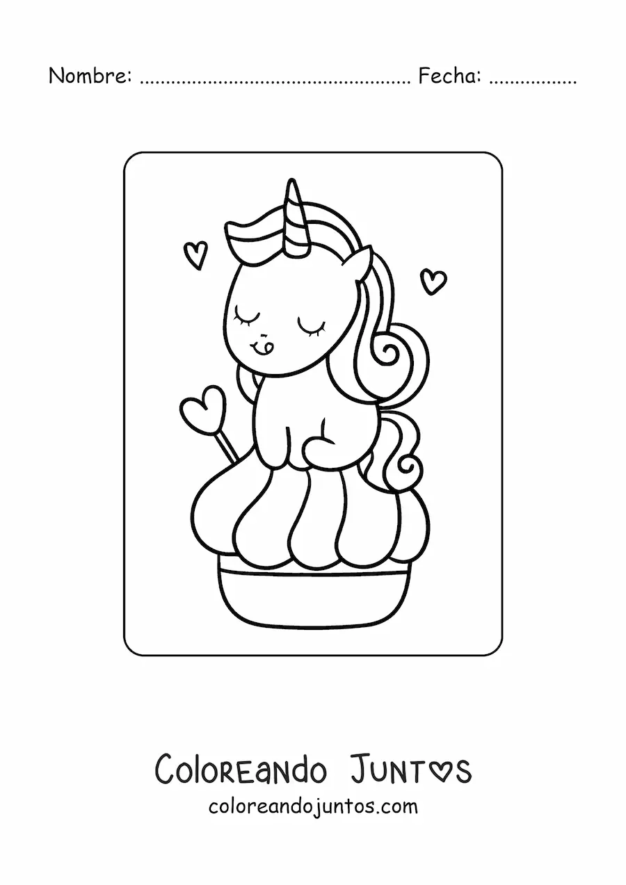 Imagen para colorear de unicornio kawaii con un dulce gigante