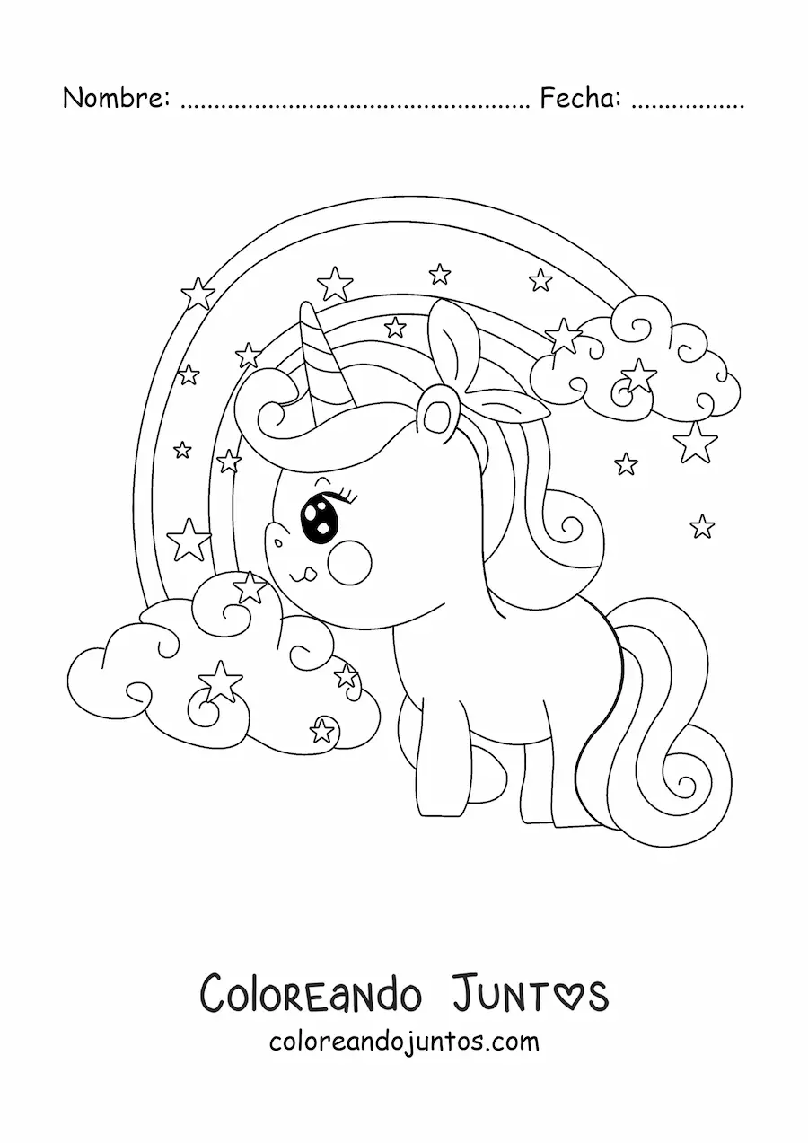 Imagen para colorear de unicornio kawaii con ojos grandes junto a un arcoíris