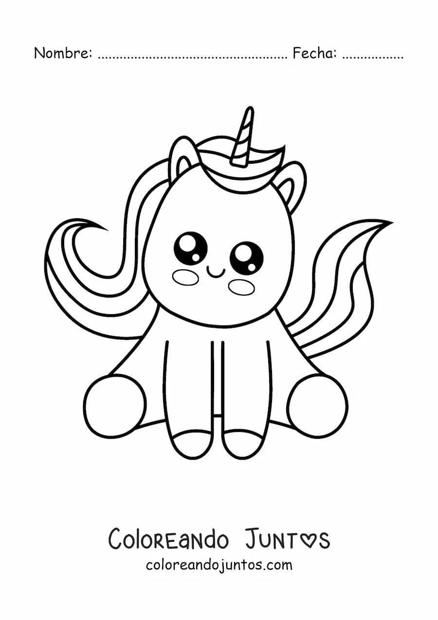 Imagen para colorear de unicornio kawaii fácil sentado