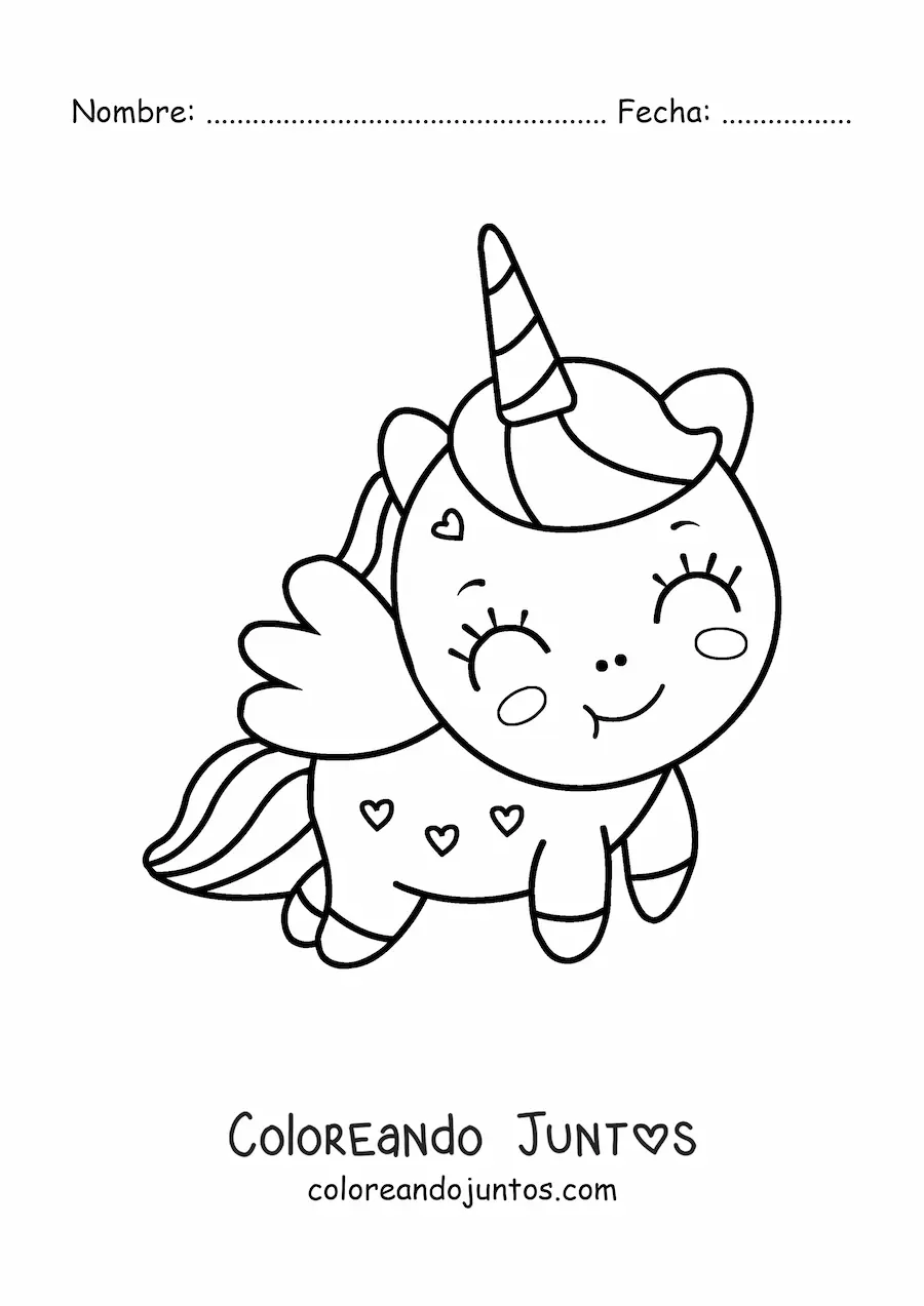 Imagen para colorear de unicornio kawaii fácil con alas