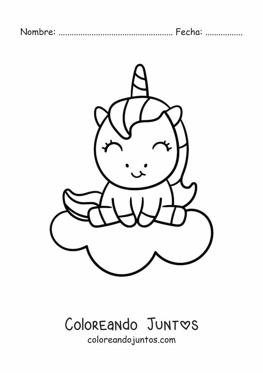 Imagen para colorear de unicornio kawaii sentado en una nube