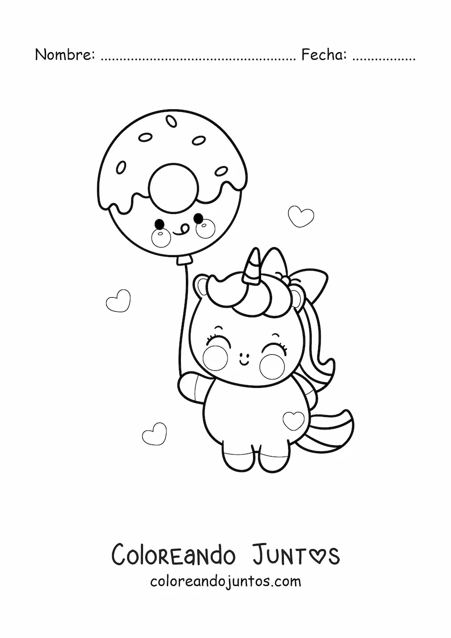 Imagen para colorear de unicornio kawaii con un globo de dona