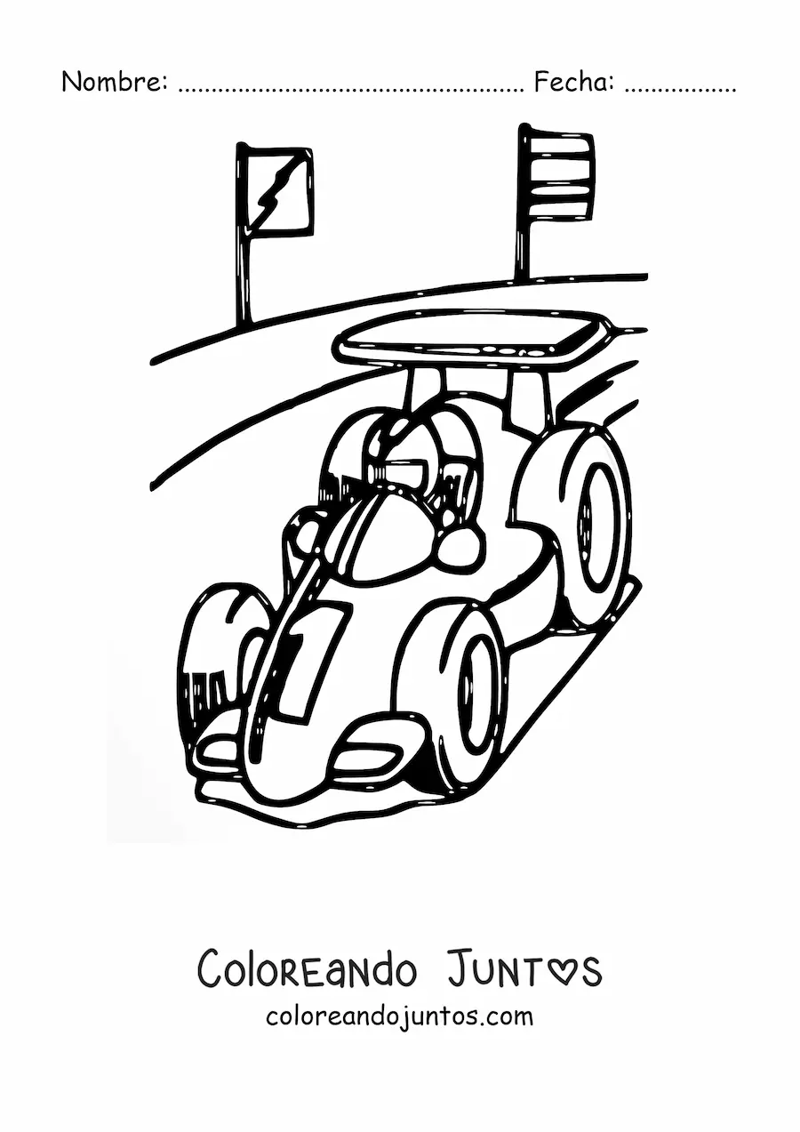Imagen para colorear de un auto de fórmula 1 en la pista de carreras