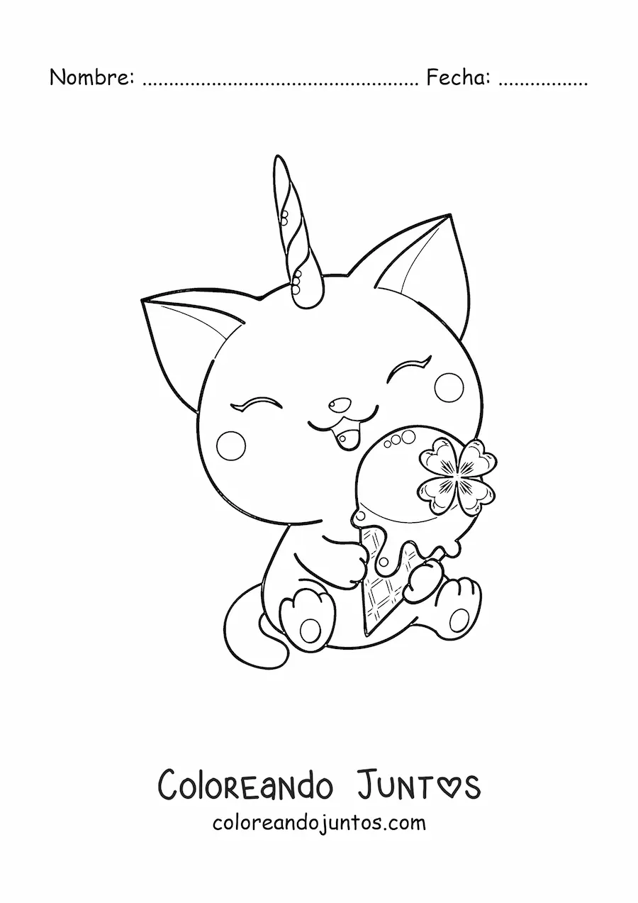 Imagen para colorear de gaticornio kawaii sentado comiendo un helado