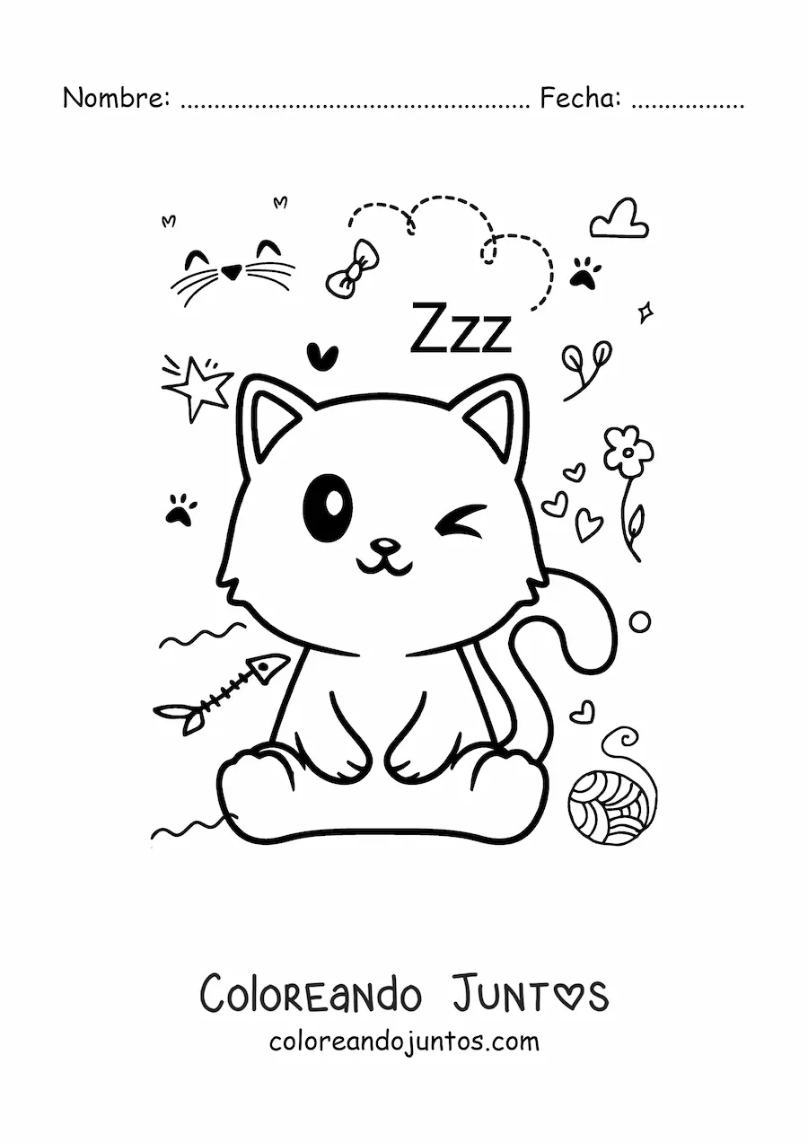 Imagen para colorear de gato kawaii animado sentado con estambre
