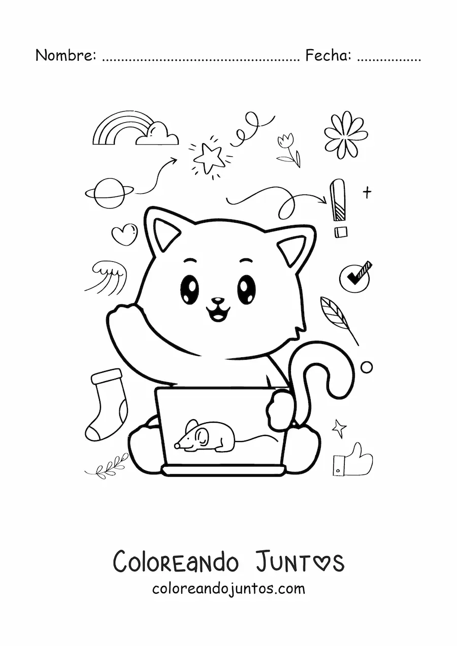 Imagen para colorear de gato kawaii animado usando la computadora