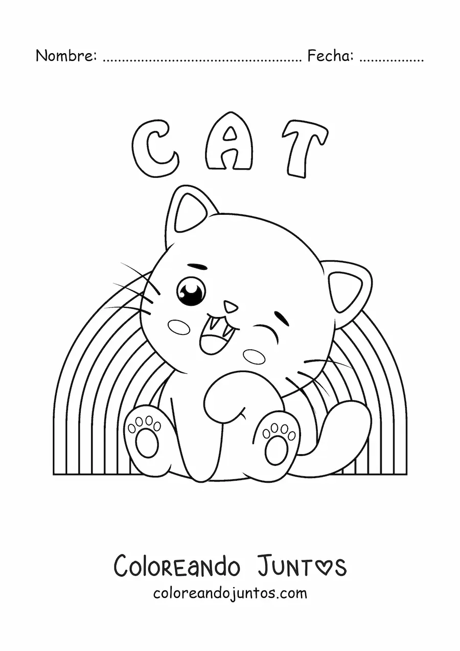 Imagen para colorear de gatito kawaii con arcoíris
