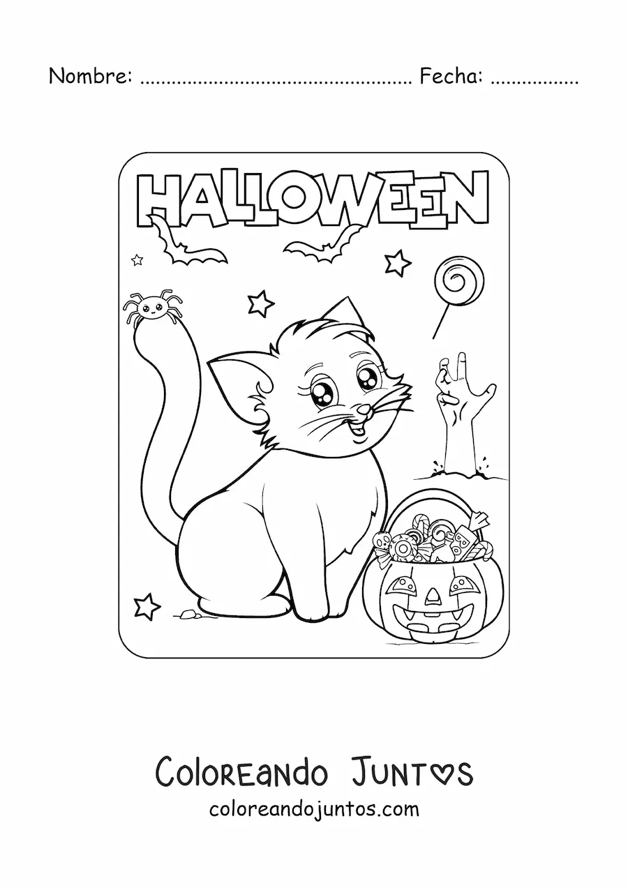 Imagen para colorear de gatito kawaii en Halloween con calabaza