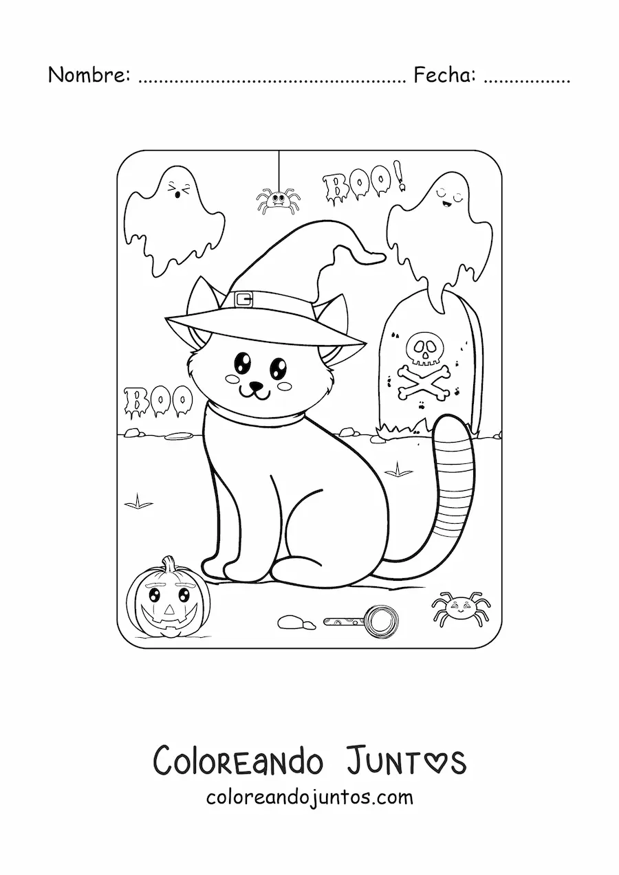Imagen para colorear de gatito kawaii en Halloween con sombrero de bruja