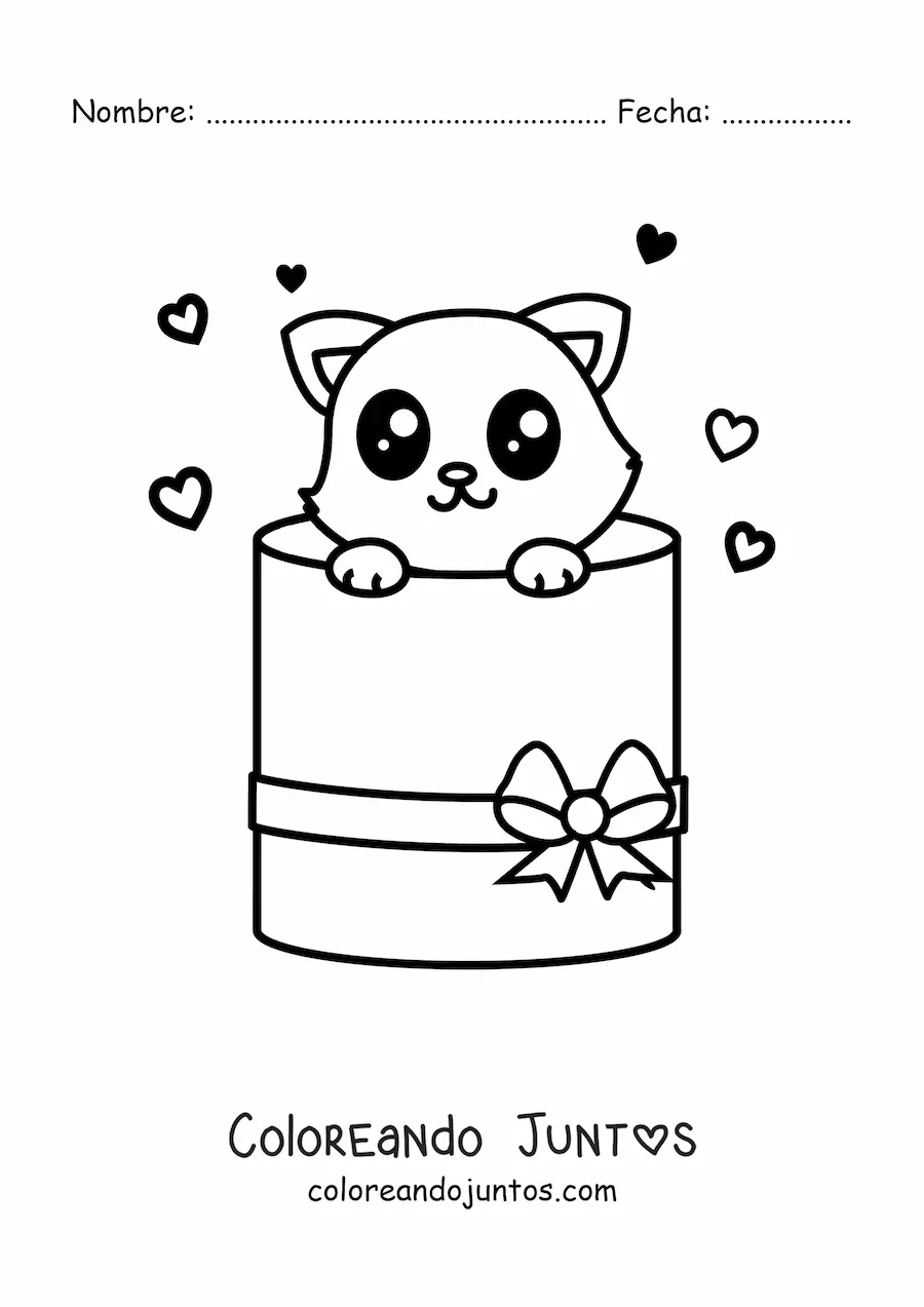 Imagen para colorear de gatito kawaii saliendo de una caja de regalo
