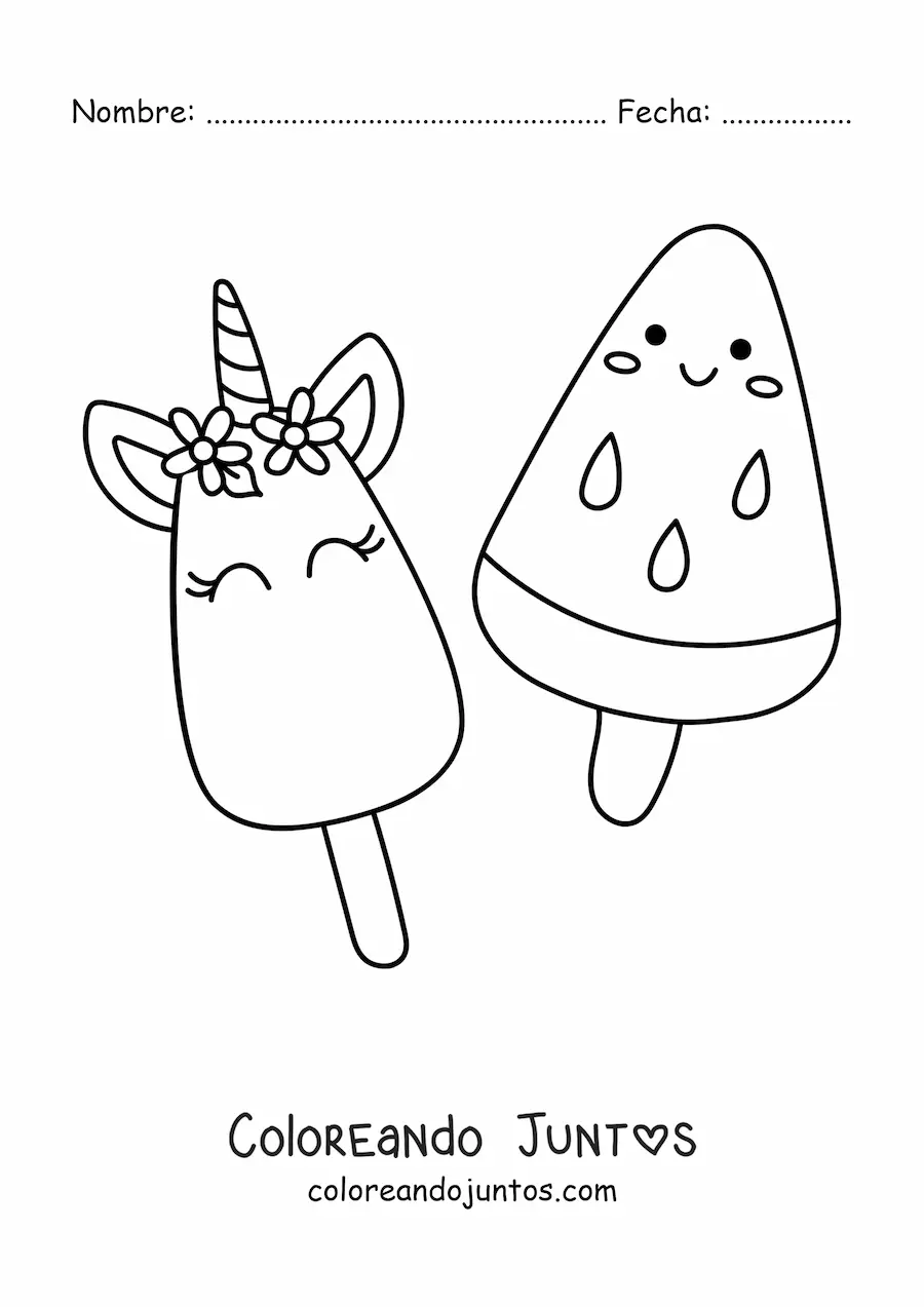 Imagen para colorear de paleta de unicornio kawaii con paleta de sandía kawaii