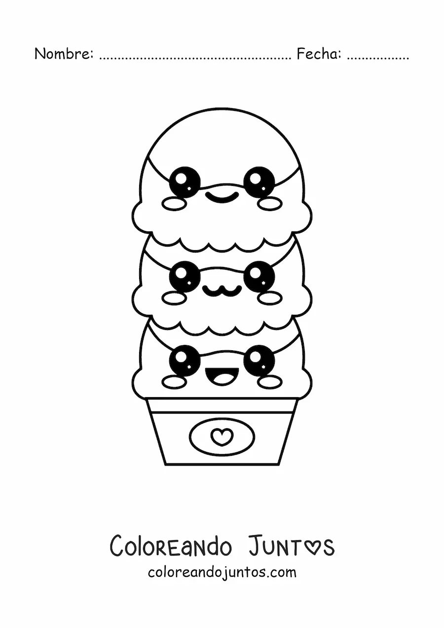 Imagen para colorear de helado de 3 porciones kawaii grande