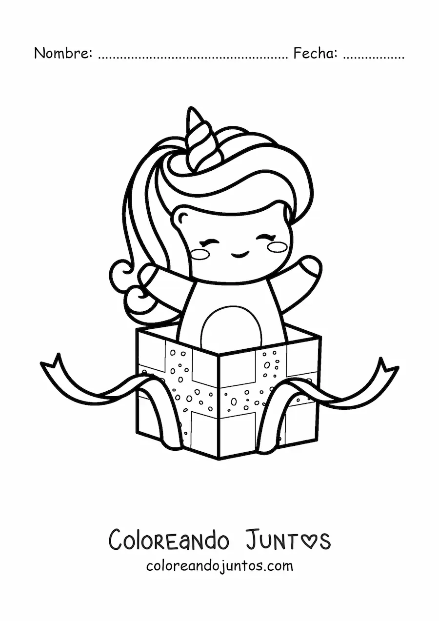 Imagen para colorear de unicornio kawaii en una caja de regalo de cumpleaños