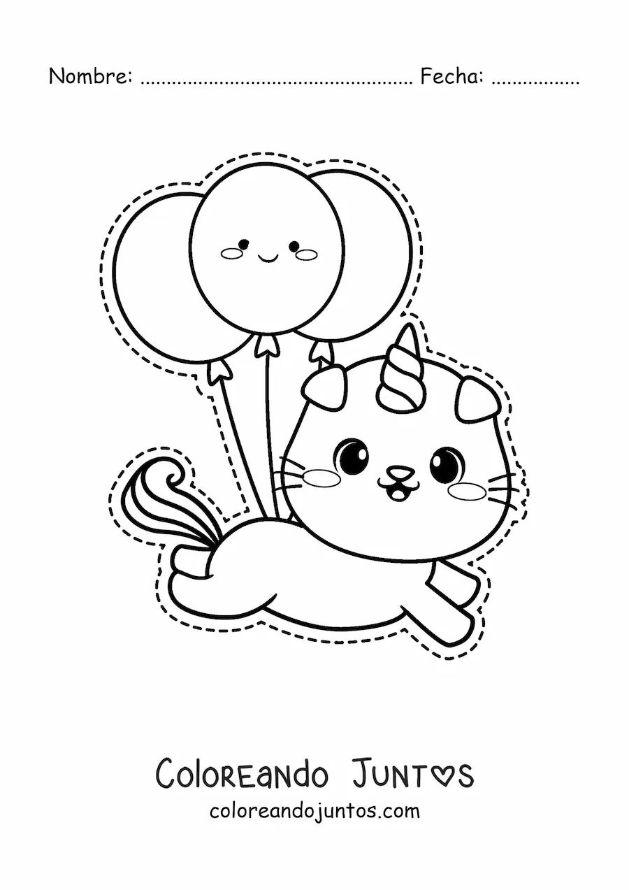 Imagen para colorear de gaticornio kawaii flotando con globos de cumpleaños