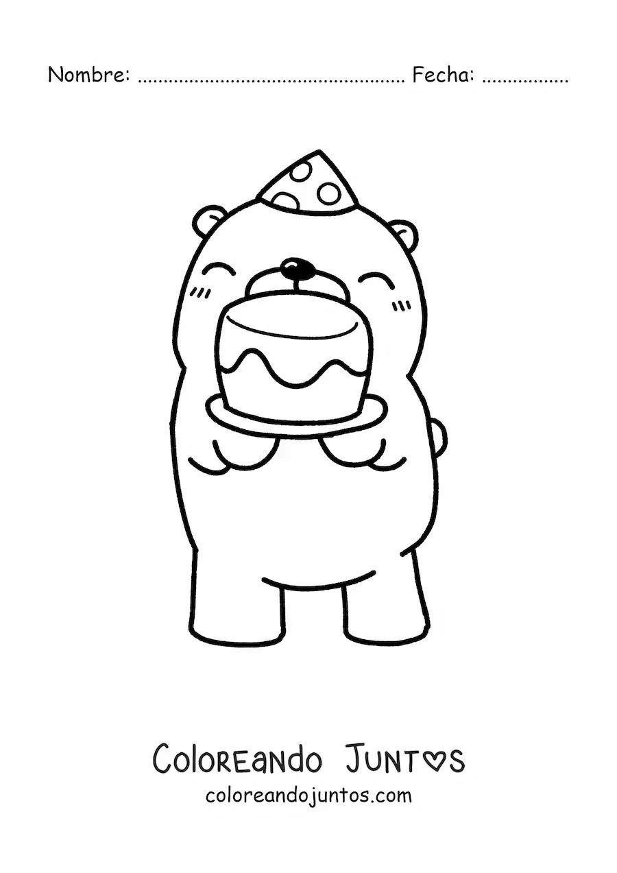Imagen para colorear de oso kawaii de cumpleaños con una tarta y un gorro