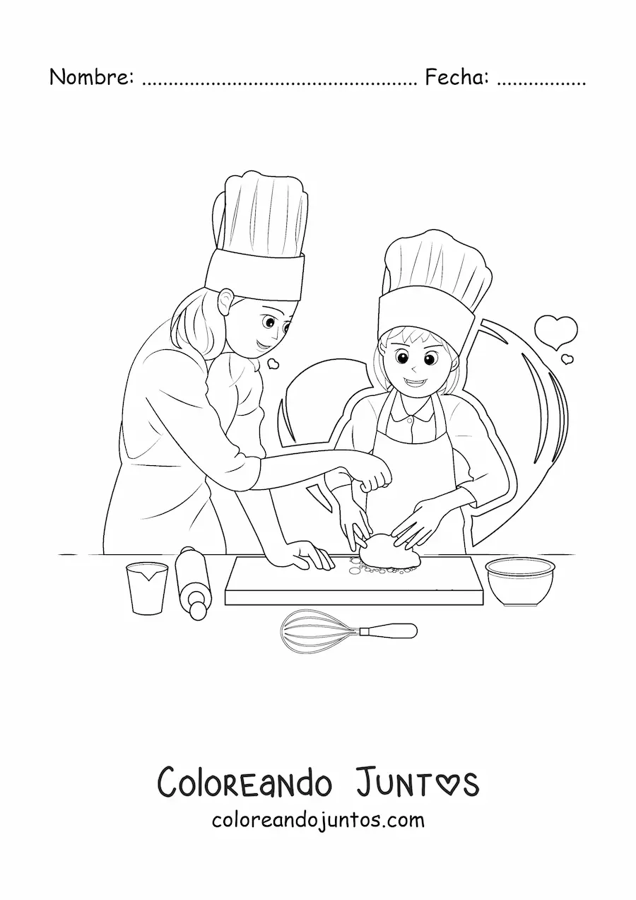 Imagen para colorear de madre e hija cocinando pan