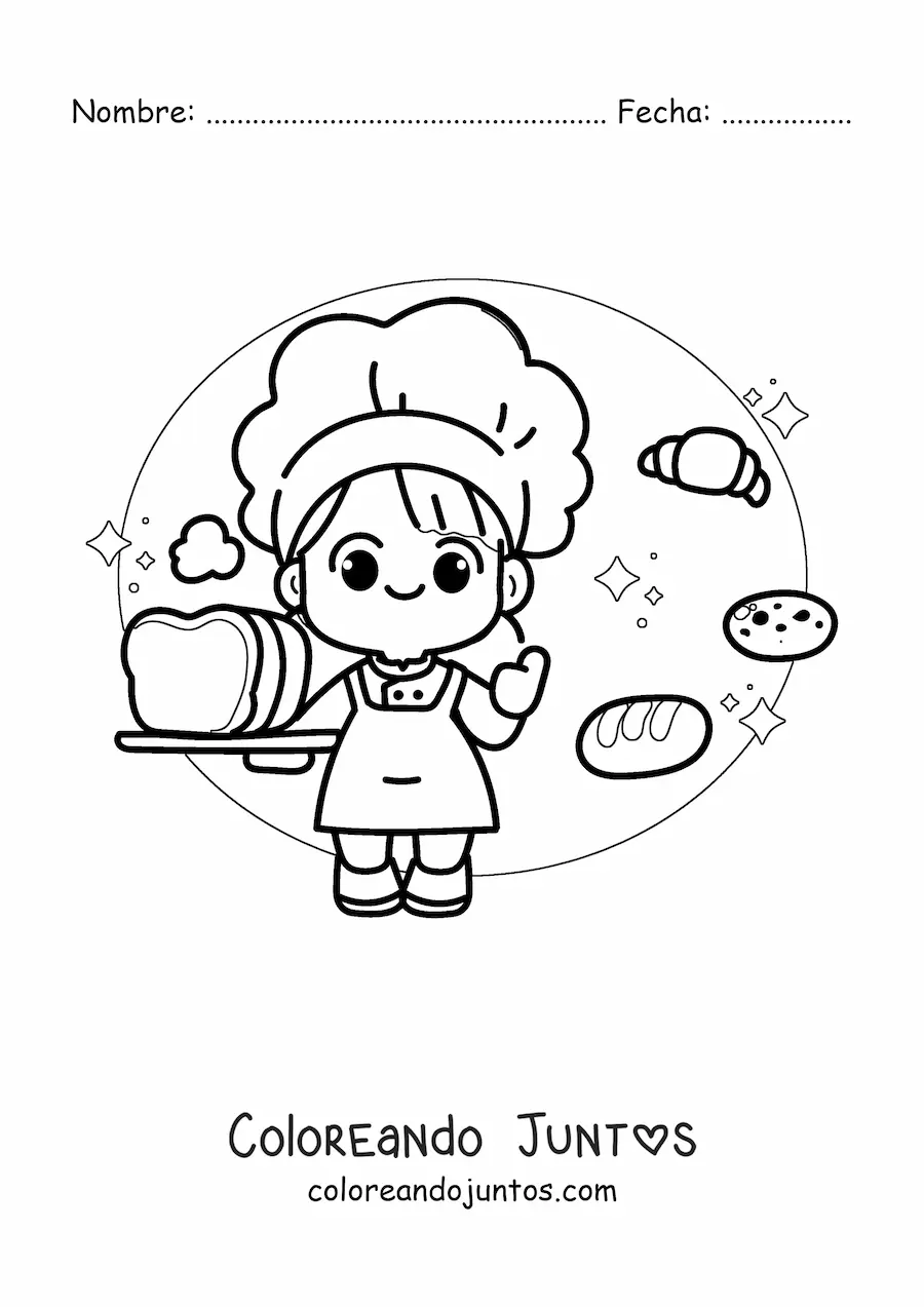 Imagen para colorear de panadera kawaii con un croissant y otros panes