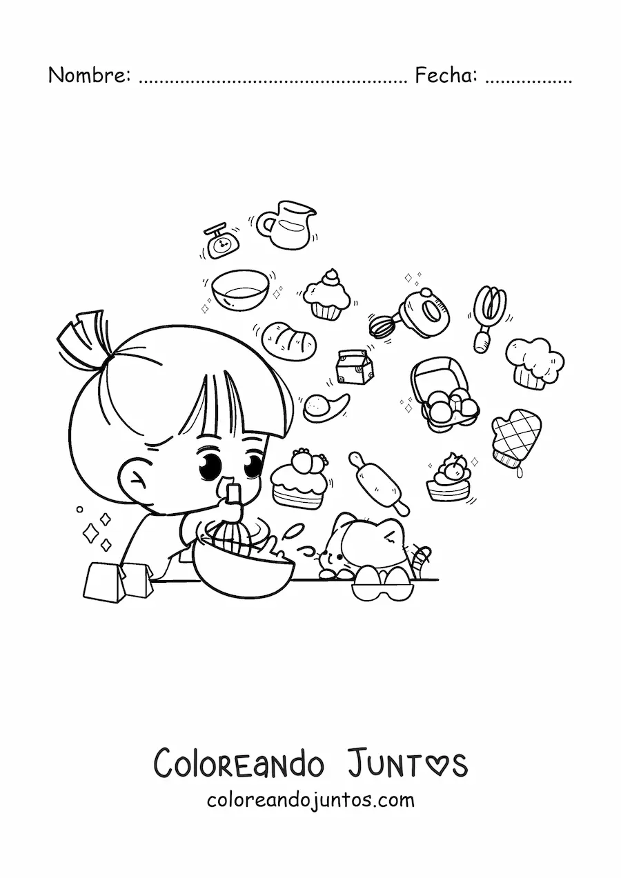 Imagen para colorear de chica kawaii cocinando pan con ingredientes