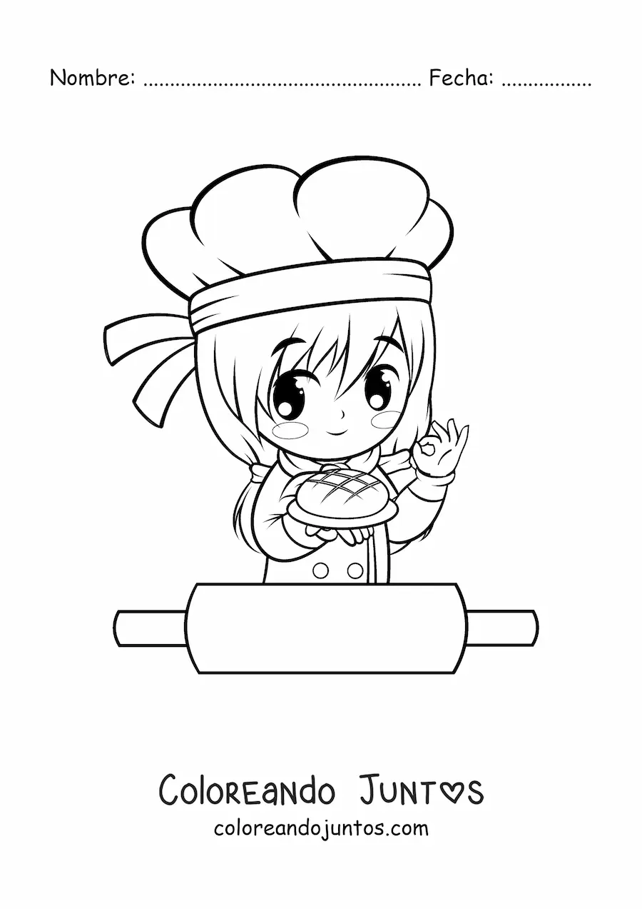 Imagen para colorear de chica panadera kawaii con un rodillo