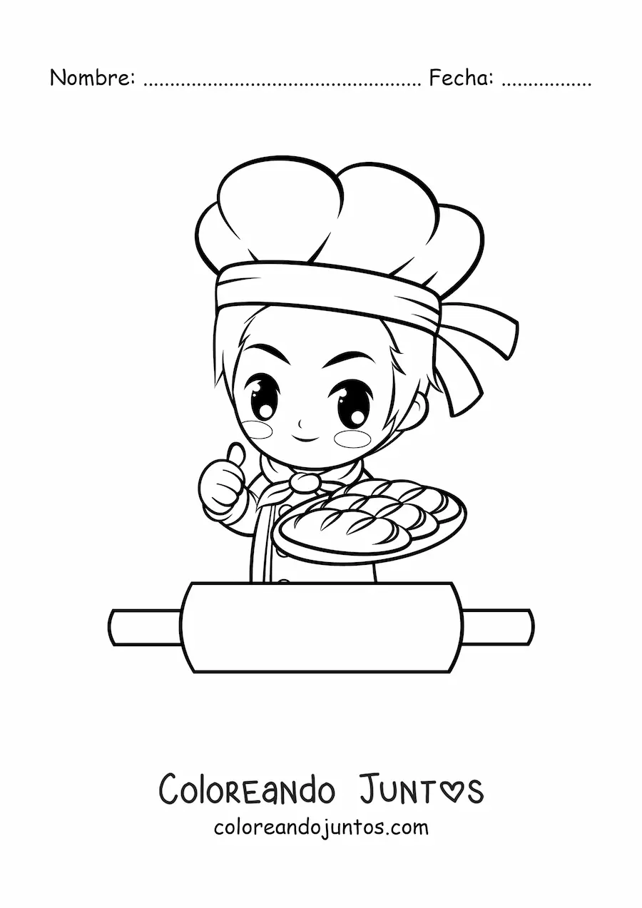 Imagen para colorear de chef panadero kawaii con un rodillo
