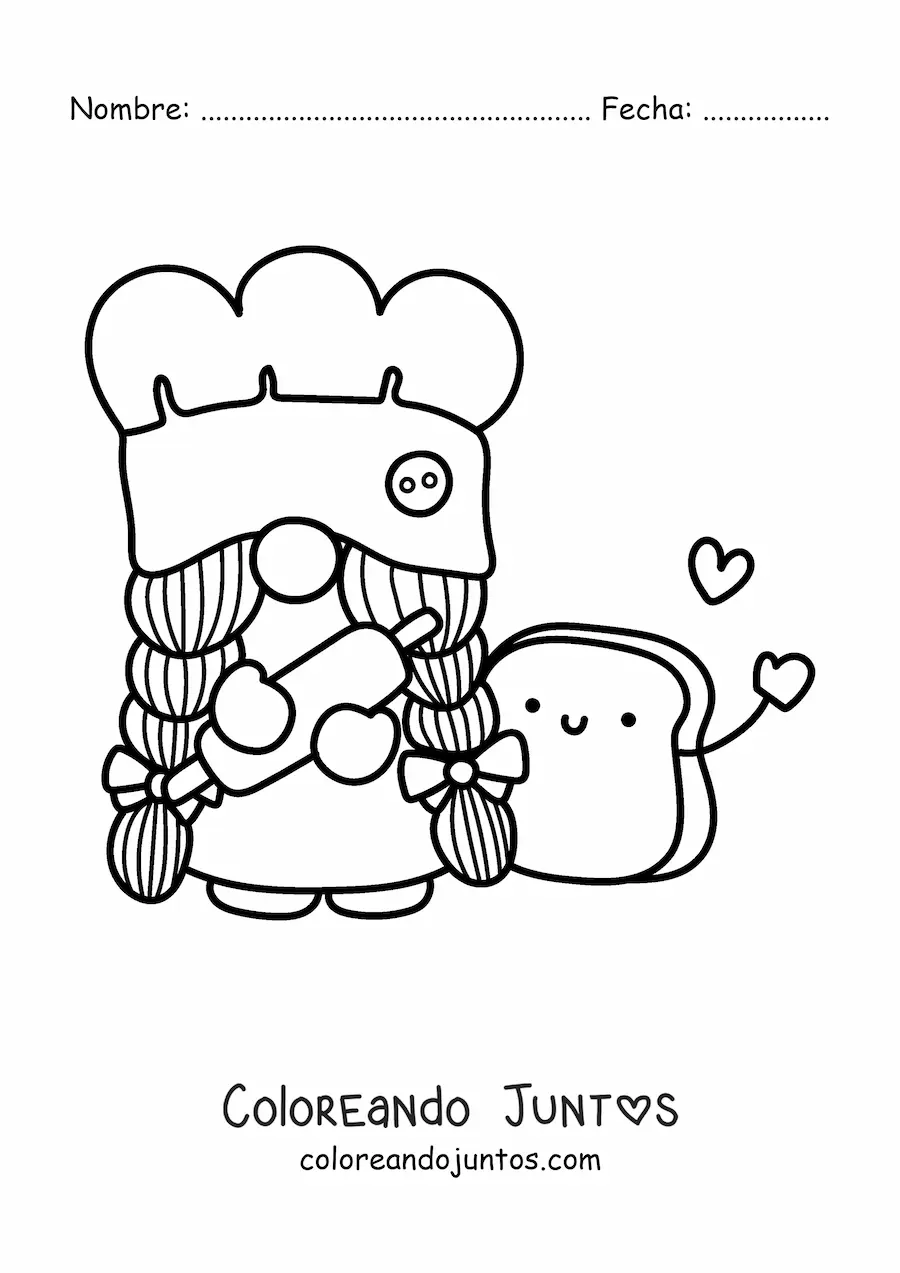 Imagen para colorear de gnomo panadero kawaii con un rodillo