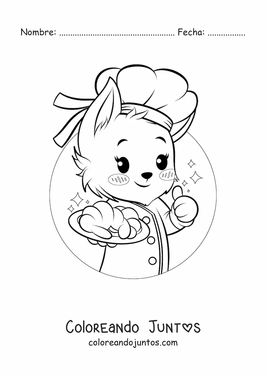 Imagen para colorear de perrito panadero kawaii estilo anime con un croissant