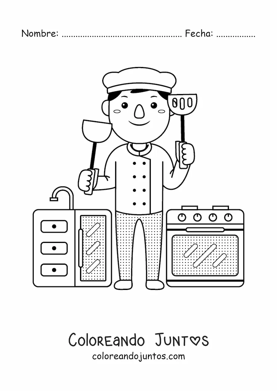 Imagen para colorear de cocinero kawaii animado en la cocina