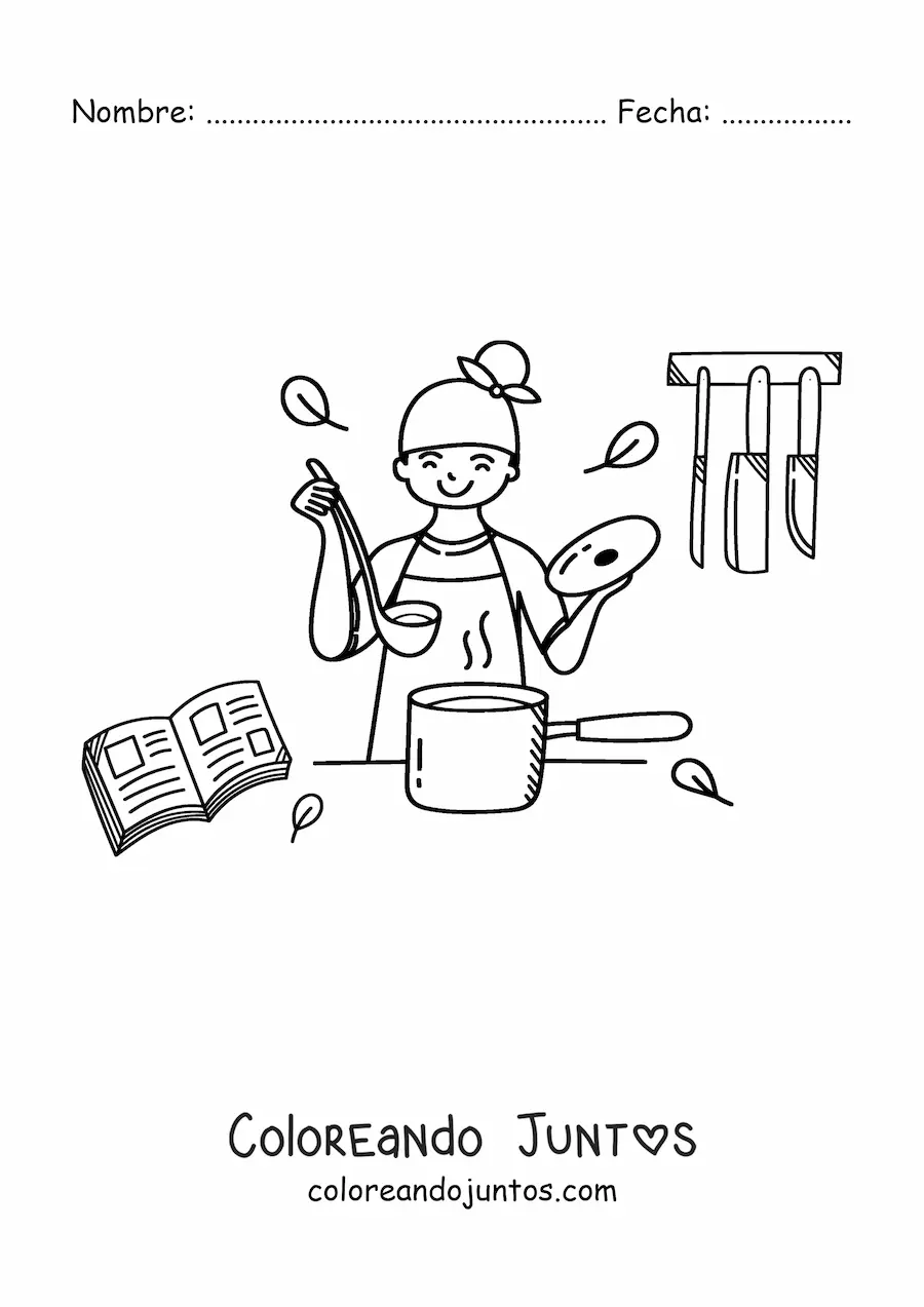 Imagen para colorear de chica cocinando una sopa en la cocina
