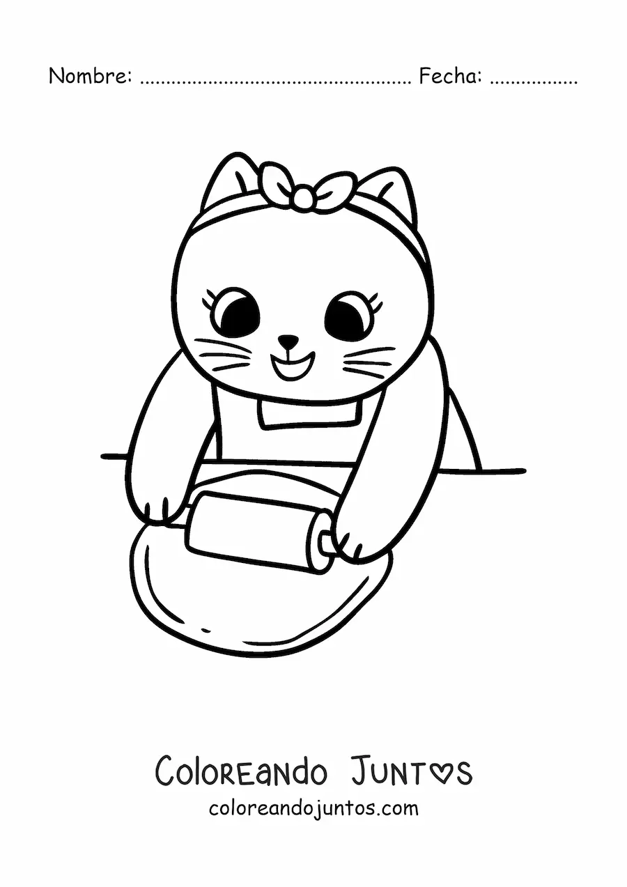 Imagen para colorear de gata cocinera animada kawaii estirando una masa con un rodillo