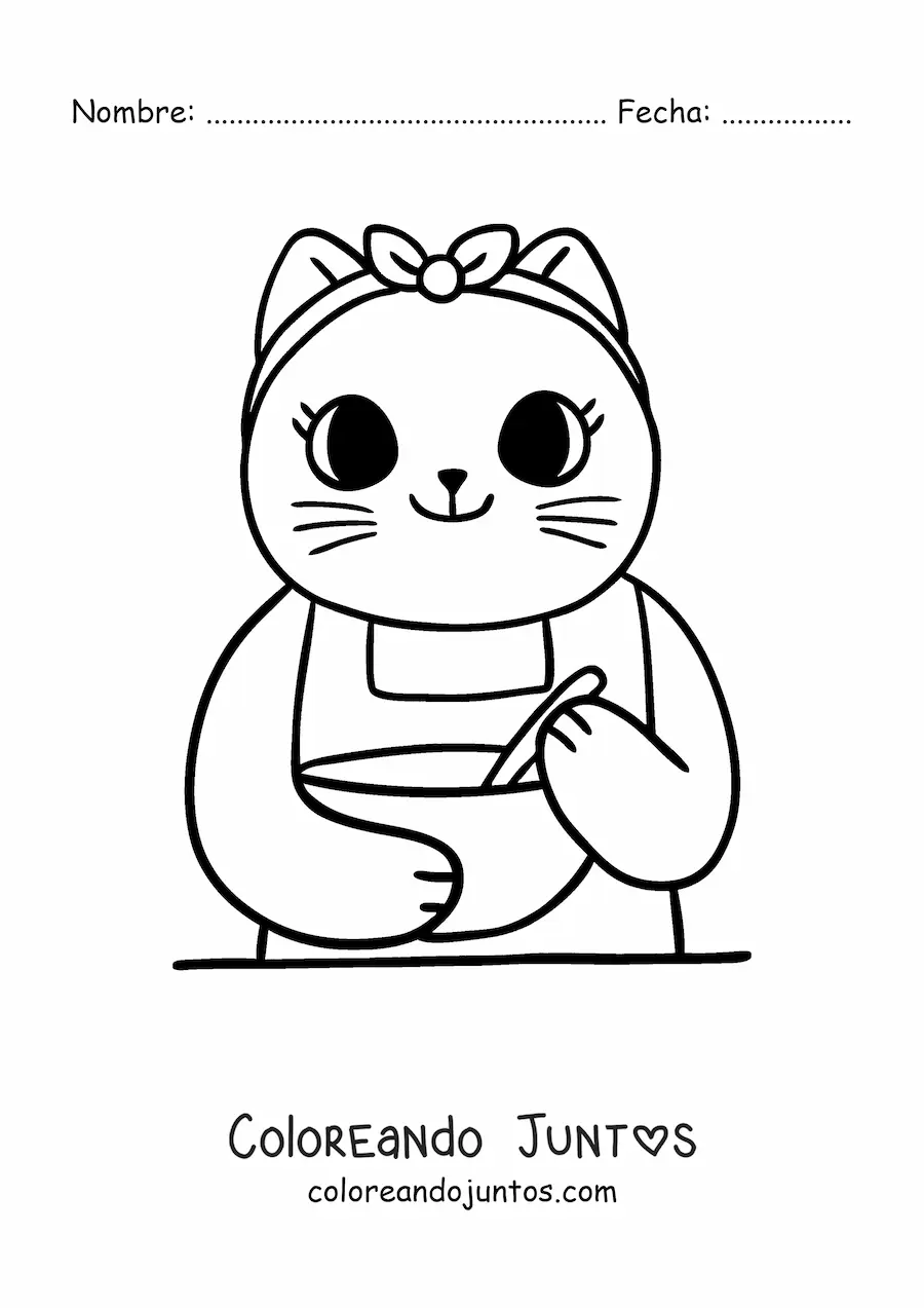 Imagen para colorear de gata cocinera animada kawaii cocinando